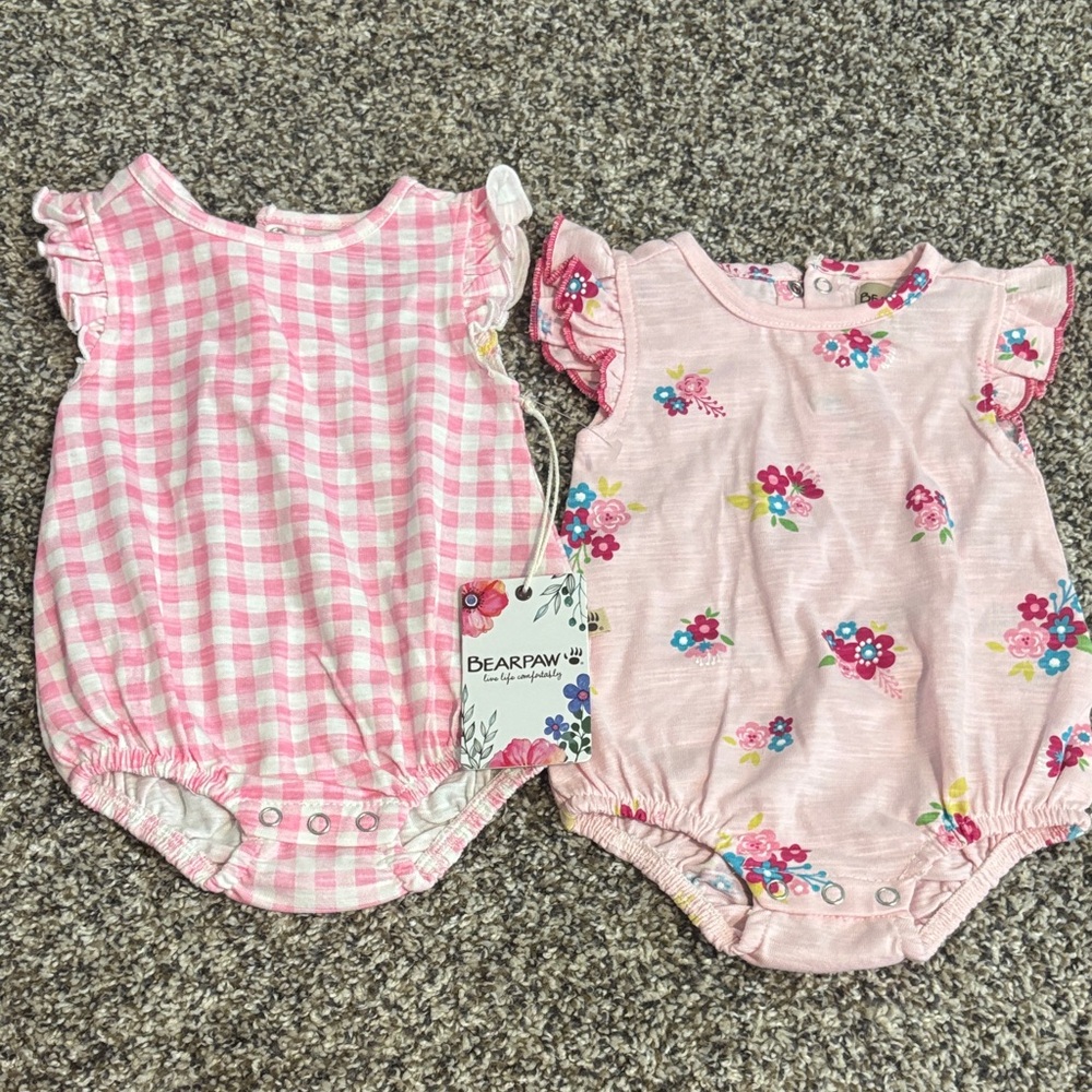 BearPaw Pink Gingham & Floral Baby Romper Duo